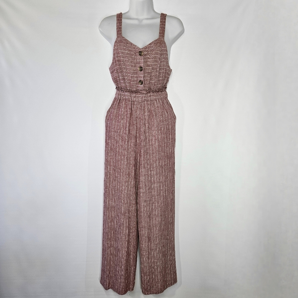 Romeo + Juliet Size S Couture Jumpsuit Overalls Linen Pockets Burgundy Pinstripe